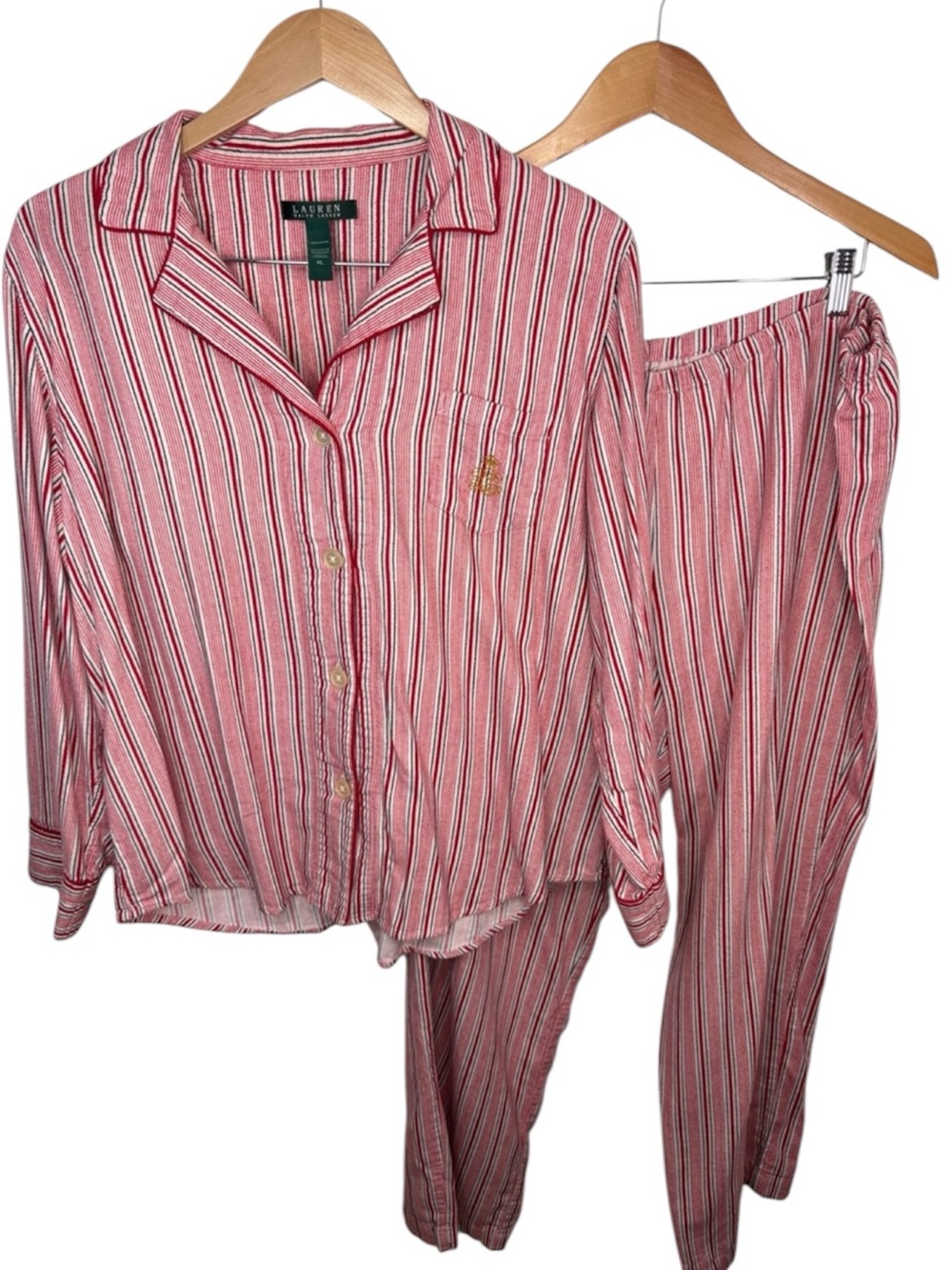 Lauren Ralph Lauren Red Striped Cotton Flannel Embroidered 2 PJ Set Women Sz XL